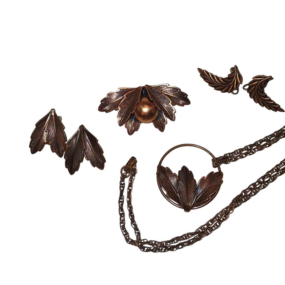 Bell Trading Post Copper VTG Leaf Jewelry Set Necklace Brooch, 2 pairs Earrings